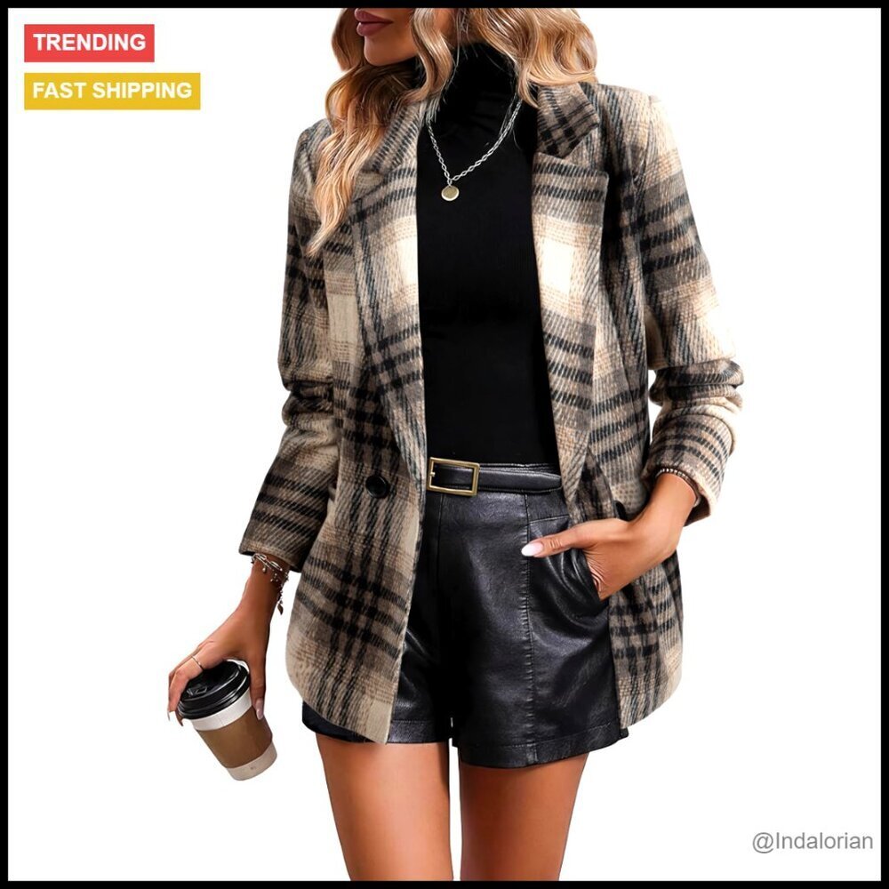 Oversized Plaid Blazer Classic Lapel Collar Double Breasted Work Suit Jacket
